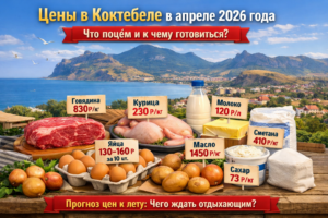 Цены на продукты в Коктебеле в апреле 2026 года — мясо, молоко, яйца, масло, овощи и сахар на фоне Коктебельской бухты и горы Карадаг.