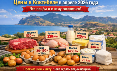 Цены на продукты в Коктебеле в апреле 2026 года — мясо, молоко, яйца, масло, овощи и сахар на фоне Коктебельской бухты и горы Карадаг.